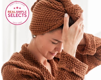 Toalla turbante para el cabello de lino y algodón con textura de gofre color canela – Pañuelo para la cabeza con botón – Toalla de secado rápido para el cabello, ideal para spa, ducha, mascarillas o tratamientos con aceites.