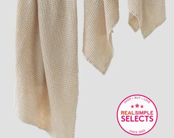 Vanilla Linen Waffle Towel Set – 3 Piece Stonewashed Linen Bath Towels – Eco Friendly Minimalist Bathroom Gift – Neutral Natural Decor