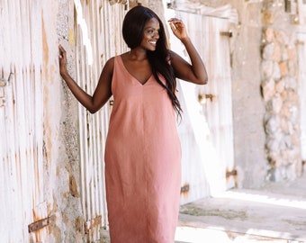 Linen summer dress TAHITI in Clay Pink | Midi linen dress | Open back dress |  Linen dresses for women