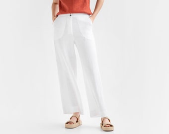 Pantalon large en lin BANFF en blanc / Pantalon palazzo / Pantalon en lin coupe classique / Taille élastique / Pantalon classique