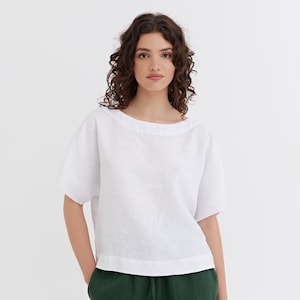 White Linen Kimono Top for Women – Oversized Short Sleeve Blouse – Lightweight Summer Shirt – Stonewashed Relaxed Fit – Casual Outfit MIDWAY