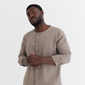 Mens Linen Shirt – Deep Taupe Banded Collar Button Down – Lightweight Long Sleeve Travel Shirt – Casual Summer Layering Essential BEDARRA