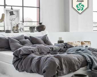 Charcoal Gray Linen Duvet Cover Set – 3 Piece Queen King Bedding – European Flax, Stonewashed Midweight Linen, Breathable Dark Bedding Set