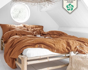 Cinnamon Linen Duvet Cover Set – 3 Piece Queen King Bedding – European Flax, Stonewashed Midweight Linen, Breathable Warm Tone Bedding Set