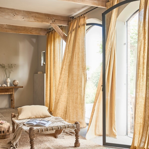 Tab top linen curtain panel in Sandy beige (1 pcs). Semi sheer window. Custom size rod pocket drapes. Living room curtains