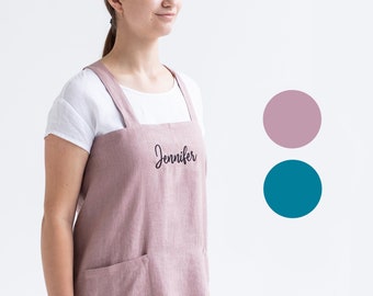 Embroidered linen apron. Personalized Japanese cross back apron. Monogrammed apron. Cross over no ties linen apron