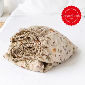Botanical Print Linen Fitted Sheet – Natural Bed Sheet – Queen King Deep Pocket Bedding – Soft Organic Linen Boho Bedroom Decor Stonewashed