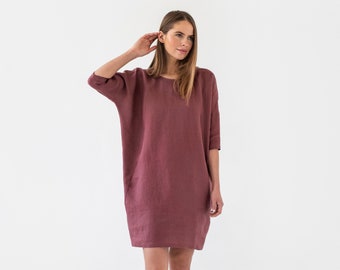 Loose linen dress ARUBA in plum color / Long sleeve midi dress / Linen tunic dress