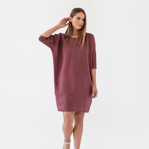 Loose linen dress ARUBA in plum color / Long sleeve midi dress / Linen tunic dress