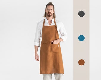 Linen apron for men. Cooking apron in brown, gray, blue colors. Apron with pockets. BBQ apron