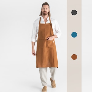 Linen apron for men. Cooking apron in brown, gray, blue colors. Apron with pockets. BBQ apron image 1