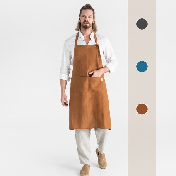 Tablier en lin pour homme. Tablier de cuisine dans les couleurs marron, gris, bleu. Tablier avec poches. Tablier de barbecue