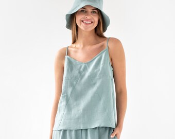 Loose linen top MALIBU / Teal blue blouse / Sleeveless linen top / Basic linen top