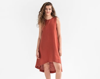 Clay linen dress Royal Toscana. Asymmetrical, sleeveless, loose, knee-length linen summer dress. Women's clothing.