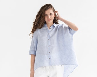 Lightweight linen shirt HANA in Blue gingham / Loose fit linen shirt / Oversize linen shirt / Linen shirt for women
