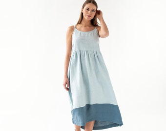 Sleeveless linen dress CETARA / Color block maxi linen dress / Blue linen dress