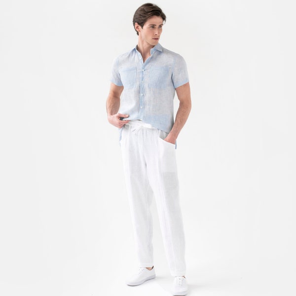 TRUCKEE Pantalon en lin blanc pour homme / Pantalon pour homme / Taille élastique / Pantalon cargo / Vêtements en lin pour homme