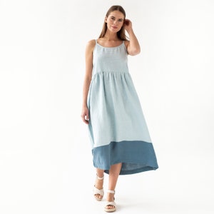 Sleeveless linen dress CETARA / Color block maxi linen dress / Blue linen dress