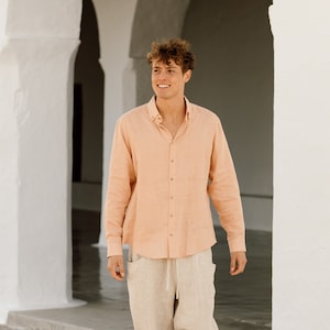 Mens Linen Shirt – Long Sleeve Lightweight Peach Linen Shirt for Men – Relaxed Fit Summer Button Down Gift – Peach NEVADA