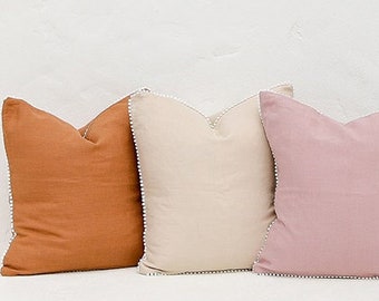 DECO linen pillow case with pom pom trim | Linen throw pillow | 18x18, 20x20 pillows covers
