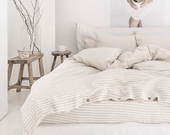 Natural Striped linen bedding set. Linen duvet cover with 2 pillowcases. King / Queen duvet set