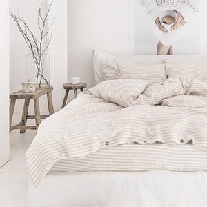 Natural Striped linen bedding set. Linen duvet cover with 2 pillowcases. King / Queen duvet set