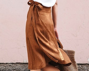 Wrap linen skirt SEVILLE. High-waist linen skirt. Midi linen skirt in cinnamon color. Linen womens clothing.