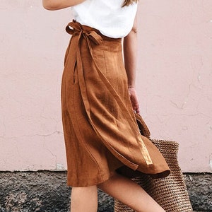 Wrap linen skirt SEVILLE. High-waist linen skirt. Midi linen skirt in cinnamon color. Linen womens clothing.