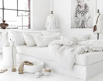 Housse de couette en lin de couleur blanche. Lit king size, queen size, taille personnalisée