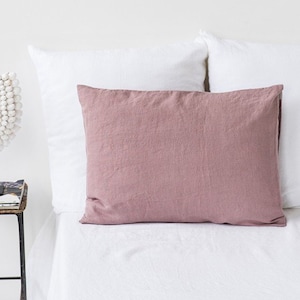 Linen pillow case in Woodrose Dusty Pink. Softened, washed, custom size pillowcase. Woodrose