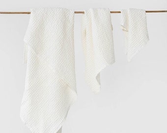 White linen waffle towel SET: hand, face, body linen towels. White linen towels. Fluffy, absorbent linen waffle towels. Quality bath linens.