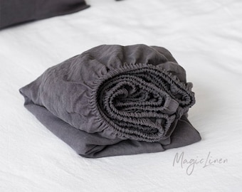 Linen fitted sheet in Charcoal Gray (Dark Gray) color. Stone washed, softened linen bedding. Custom size fitted sheets. King / Queen sheets