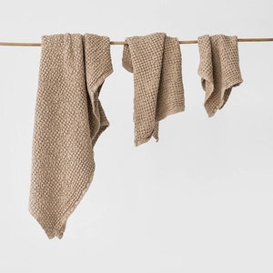 Beige linen waffle towel SET: hand, face, body linen towels. Beige linen towels. Fluffy, absorbent linen waffle towels. Quality bath linens.