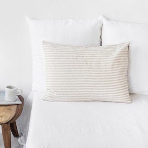 Striped Linen Pillowcase – Off-White and Natural Flax Sham – Soft Stonewashed Cover – Custom Size Decorative Pillow for Bedding or Accent