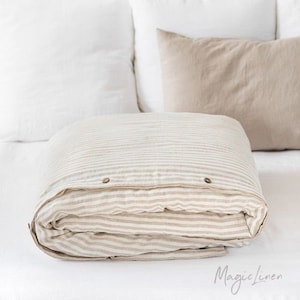 Striped Natural Linen Duvet Cover – Stonewashed Oatmeal Off White Bedding – Queen King Comforter – OEKO TEX Certified Midweight Linen Set