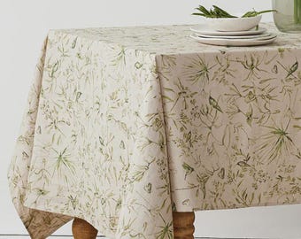 Botanical California Greens Print Linen Tablecloth — Floral Table Textile — Round or Rectangle Dining Table Cover — European Flax Linen