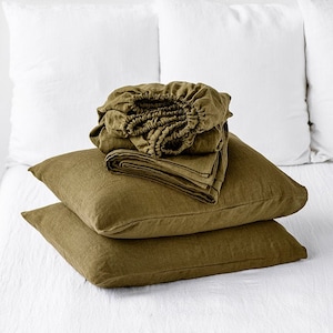 Olive Green Linen Sheet Set – Earthy Stonewashed Bedding – Breathable Flat Sheet, Fitted Sheet, Pillowcases – Pure OEKO-TEX Certified Linen