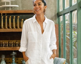 White Linen Shirt for Women – Lightweight Oversized Top with Long Sleeves – Button Up Shirt with Pockets – Breathable Layer CALPE