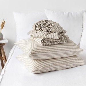 Natural Striped linen sheet set. Fitted sheet, flat sheet, 2 pillowcases. King, Queen, Twin sheets. image 1