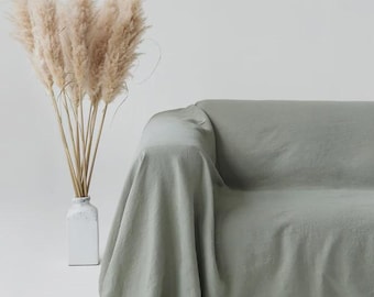 Sage Green Linen Couch Cover – Sage Green Sofa Slipcover – Washable Loose Linen Sofa Drape – Custom Sizing, European Flax Furniture Cover
