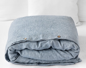 Linen duvet cover in Blue Melange (Light Blue Denim color). Custom size washed linen bedding.