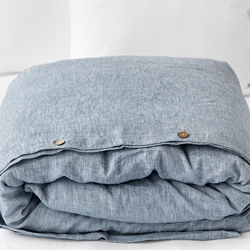 Linen Bedding Set in Blue Melange denim. King Queen Duvet Etsy