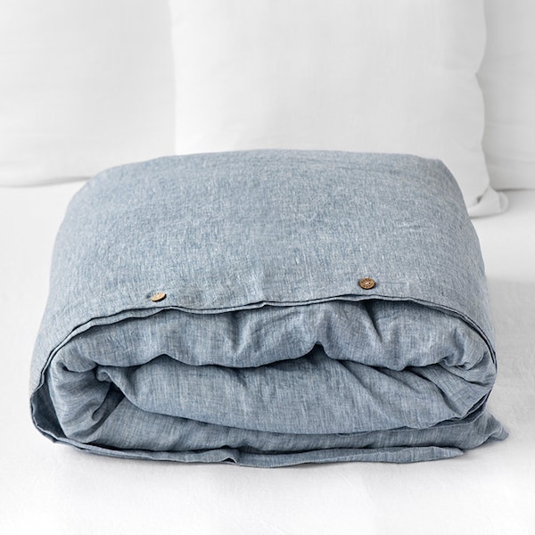 Linen duvet cover in Blue Melange (Light Blue Denim color). Custom size washed linen bedding.