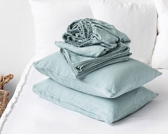 Dusty blue linen sheet set. Fitted sheet, flat sheet, 2 pillowcases. Linen bedding, King Queen sheets.