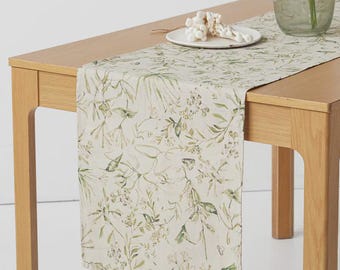 Linen Table Runner — California Greens Print — Floral Botanical Table Linen — Wedding Table Decor — European Flax Linen Runner — Custom Size