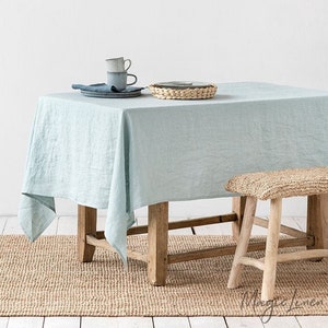 Dusty Blue Linen Tablecloth – Soft Washed European Flax – Custom Square, Rectangular – Rustic Dining or Modern Minimalist Table Decor