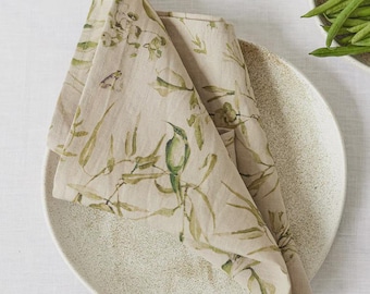 Linen Napkins Set of 2, California Greens Print, Floral Botanical Cloth Napkins, Green Wedding Table Decor, European Flax Linen Napkins