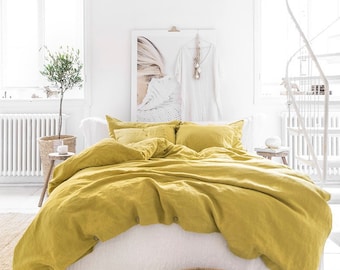 Linen bedding set in Moss Yellow / Duvet cover set king, queen / Bedding set with 2 pillowcases