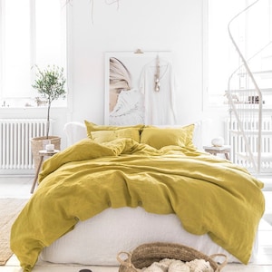 Linen bedding set in Moss Yellow / Duvet cover set king, queen / Bedding set with 2 pillowcases