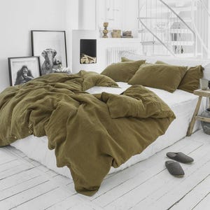 Olive Green Linen Duvet Cover Set – 3 Piece Queen King Bedding Set – 100% European Flax, Stonewashed Midweight Linen, Breathable Bedding Set
